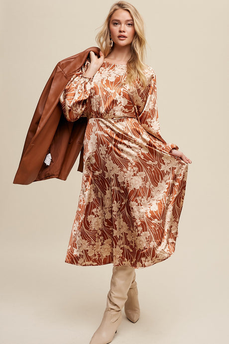 Butter Scotch Floral Print Satin Ciinched A-Line Midi Dress