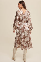Mocha Scotch Floral Print Satin Ciinched A-Line Midi Dress