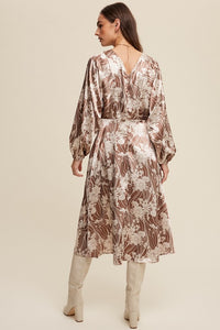 Mocha Scotch Floral Print Satin Ciinched A-Line Midi Dress
