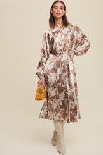 Mocha Scotch Floral Print Satin Ciinched A-Line Midi Dress