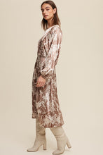 Mocha Scotch Floral Print Satin Ciinched A-Line Midi Dress