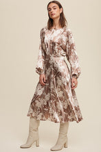 Mocha Scotch Floral Print Satin Ciinched A-Line Midi Dress