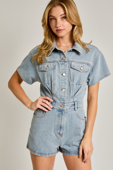 Denim Stripe Short Sleeve Denim Romper