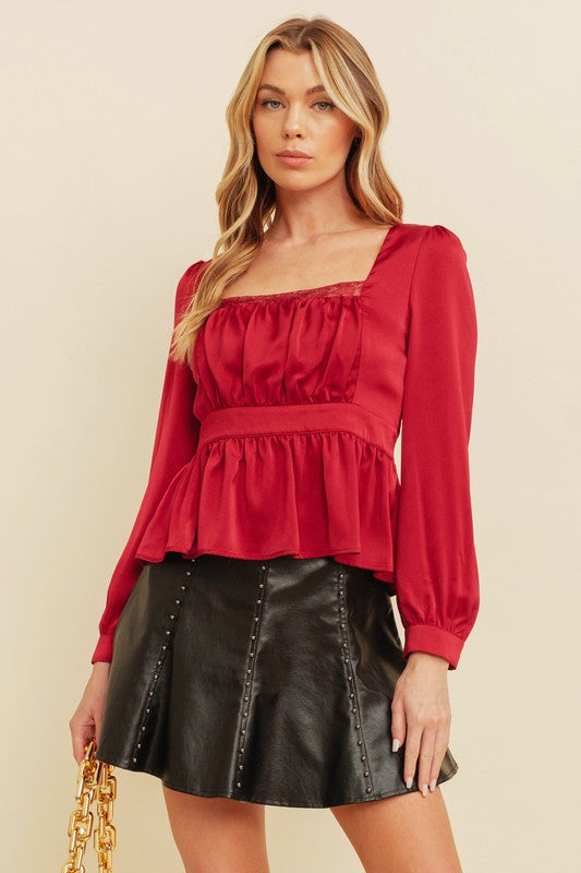 Red Pleated Scoop Back Top