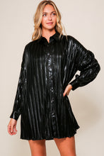 Black Long Foil Pleated Knit Button Down Shirt Dress
