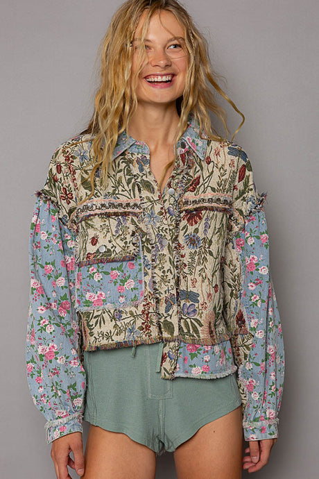 Denim Multi Oversized Fit Floral Print Hi-Lo Denim Jacket