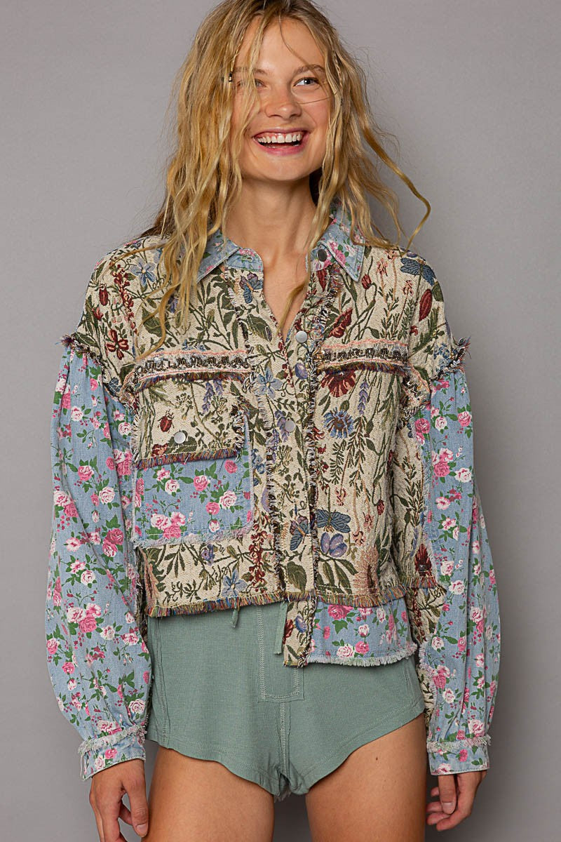 Denim Multi Oversized Fit Floral Print Hi-Lo Denim Jacket