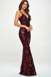 Wine Sequin Back Lace Up Mermaid Maxi Dress