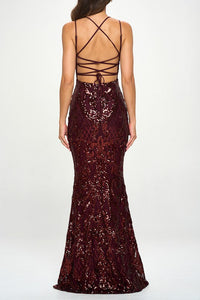 Wine Sequin Back Lace Up Mermaid Maxi Dress