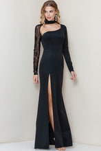 Black Lace Sheer Sleeve Detail Slit Maxi Dress