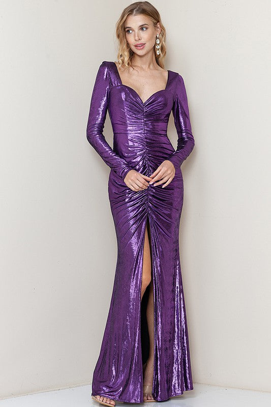 knee length dresses for ladies Purple Metallic Long Sleeve Shirring Maxi Dress – Aquarius Brand