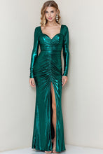 Emerald Metallic Long Sleeve Shirring Maxi Dress
