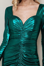 Emerald Metallic Long Sleeve Shirring Maxi Dress
