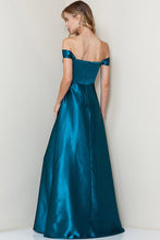 Teal Off Shoulder Corset Shiny Satin Slit Maxi Dress