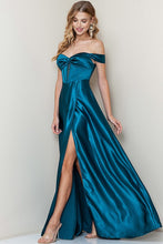 Teal Off Shoulder Corset Shiny Satin Slit Maxi Dress