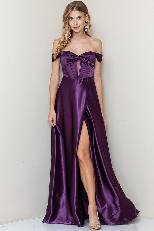 fitted lace wedding dress Purple Off Shoulder Corset Shiny Satin Slit Maxi Dress – Aquarius Brand