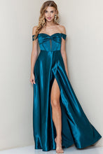 Teal Off Shoulder Corset Shiny Satin Slit Maxi Dress