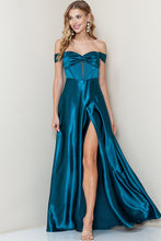 Teal Off Shoulder Corset Shiny Satin Slit Maxi Dress