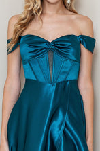Teal Off Shoulder Corset Shiny Satin Slit Maxi Dress