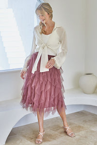 Dusty Rose Embellished Tulle Layered Midi Skirts