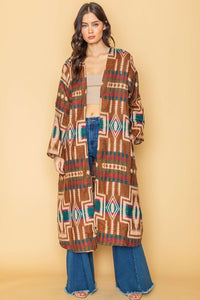 Rust Ethnic Aztek Long Open Kimono