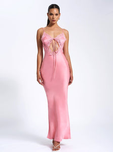 Zinnia Salmon Pink Satin Lace Maxi Dress Aquarius Brand Zinnia Salmon Pink Satin Lace Maxi Dress Aquarius Brand