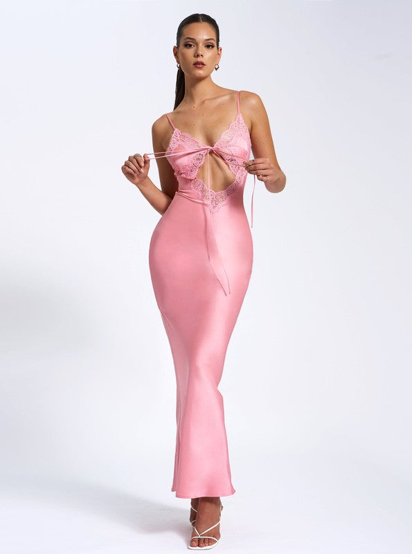 Zinnia Salmon Pink Satin Lace Maxi Dress Aquarius Brand Zinnia Salmon Pink Satin Lace Maxi Dress Aquarius Brand