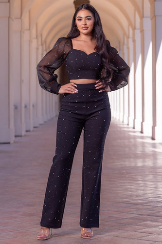 Black Rhinestone Sweetheart Top and Pants Set