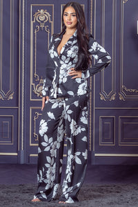 Black White Printed Back Tied Blazer and Pants Set