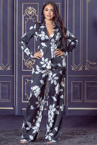 Black White Printed Back Tied Blazer and Pants Set
