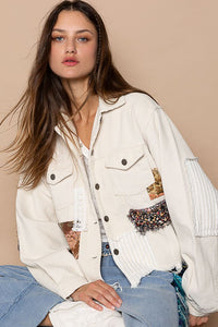 Beige Button Down Contrast Patches Corduroy Jacket