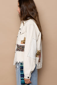 Beige Button Down Contrast Patches Corduroy Jacket