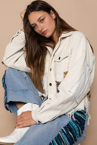 Beige Button Down Contrast Patches Corduroy Jacket