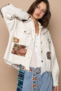 Beige Button Down Contrast Patches Corduroy Jacket