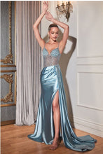 Dusty Blue Fitted Satin Gown With Beaded Bodice