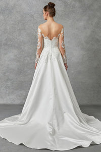 Off White Long Sleeve Deep V Neck Lace Top Wedding Dress