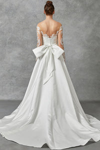 Off White Long Sleeve Deep V Neck Lace Top Wedding Dress