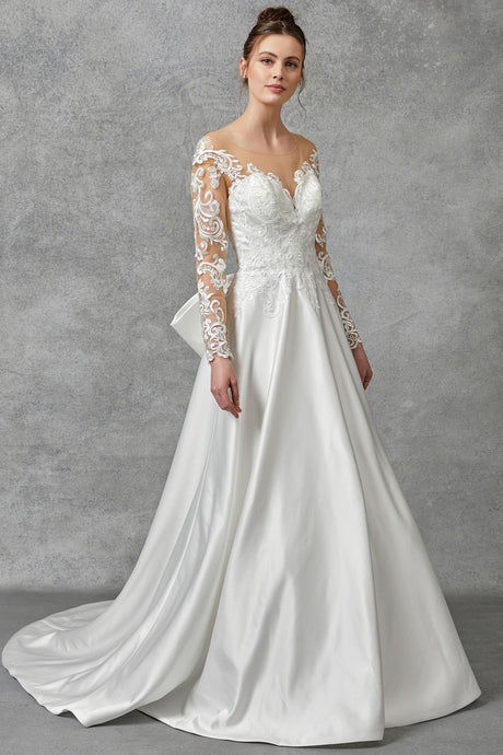 Off White Long Sleeve Deep V Neck Lace Top Wedding Dress