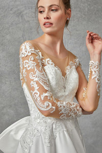 Off White Long Sleeve Deep V Neck Lace Top Wedding Dress