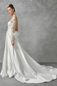 Off White Long Sleeve Deep V Neck Lace Top Wedding Dress