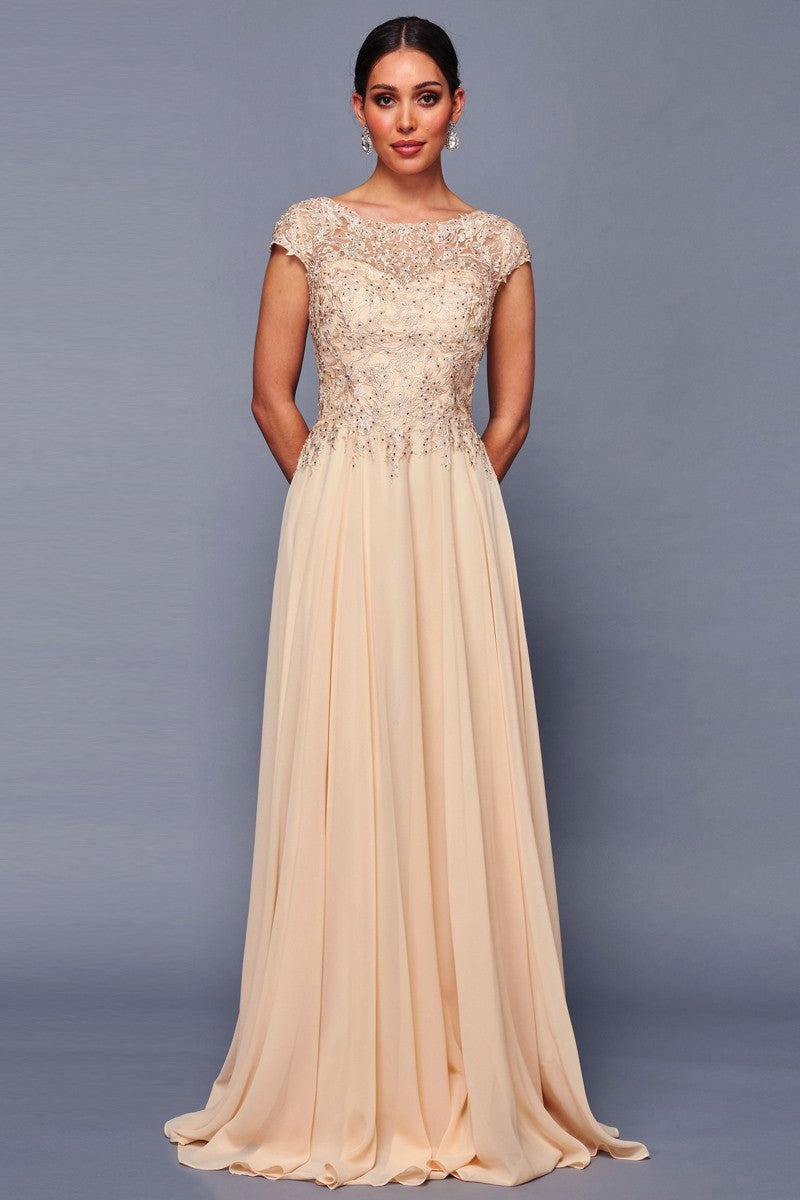 white christmas dresses Champagne Short Sleeve Lace Top Chiffon Mob Dress – Aquarius Brand