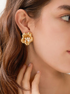 18K Gold-Plated Floral Studs with Petite Pearls
