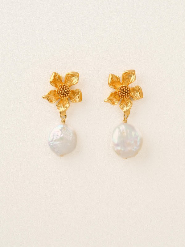 18K Gold-Plated Floral Earrings with Baroque Pearl