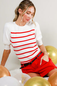 Cream/Red Short Puff Sleeve Striped Sweater Top