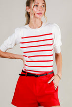 Cream/Red Short Puff Sleeve Striped Sweater Top