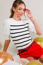 Cream/Black Short Puff Sleeve Striped Sweater Top