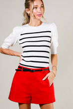 Cream/Black Short Puff Sleeve Striped Sweater Top