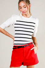 Cream/Black Short Puff Sleeve Striped Sweater Top