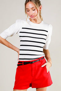 Cream/Black Short Puff Sleeve Striped Sweater Top