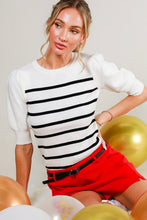 Cream/Black Short Puff Sleeve Striped Sweater Top